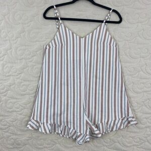 Princess Polly Striped Ruffle Romper Tan White Lace Up Back Adjustable Straps